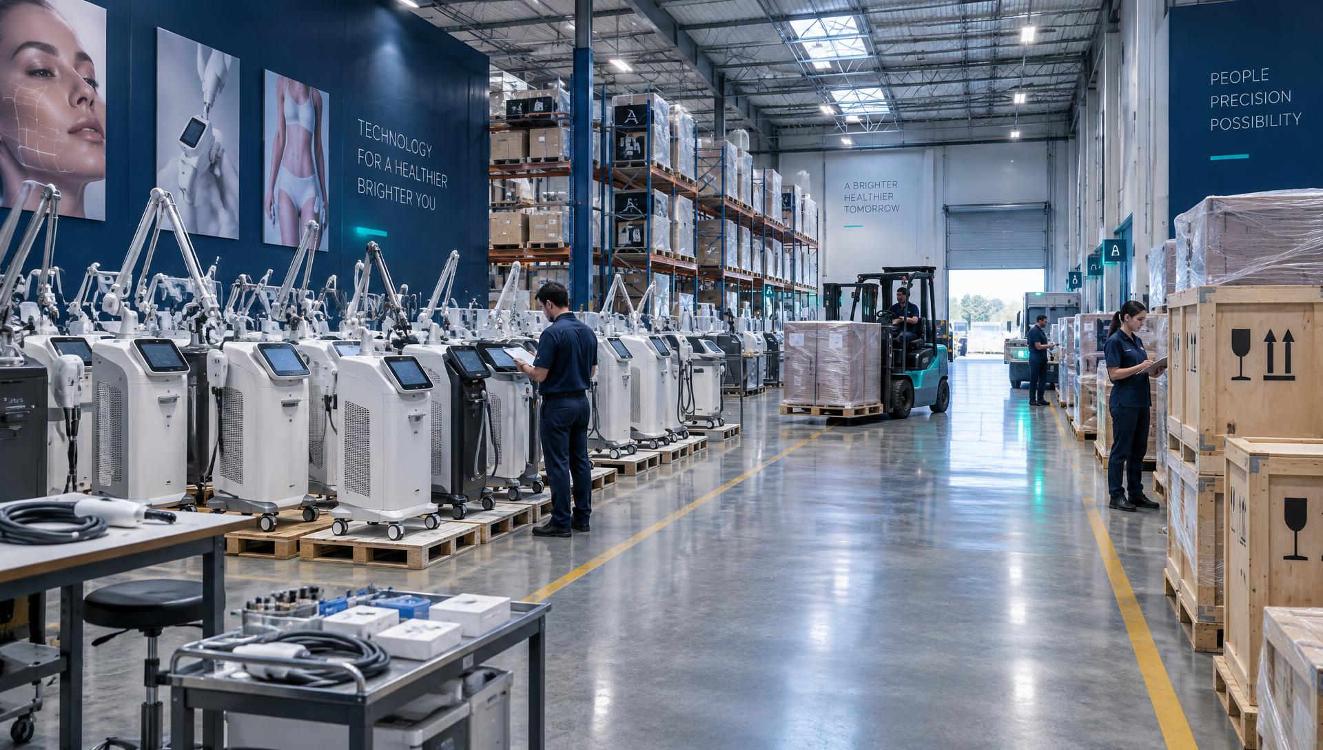 MEDIKOR USA warehouse with rows of professional Korean aesthetic equipment ready for distribution